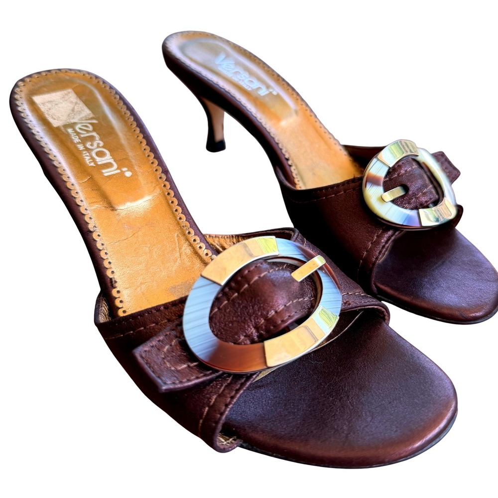 Vtg Versani Italy Bronze Metallic Leather Kitten Heel Mules Resin Buckle 7 B